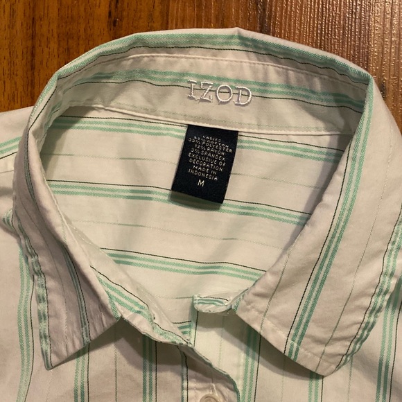 IZOD Ladies Button Up Shirt w/ Vertical Mint Green Stripes and Pleated Waist - Picture 5 of 5